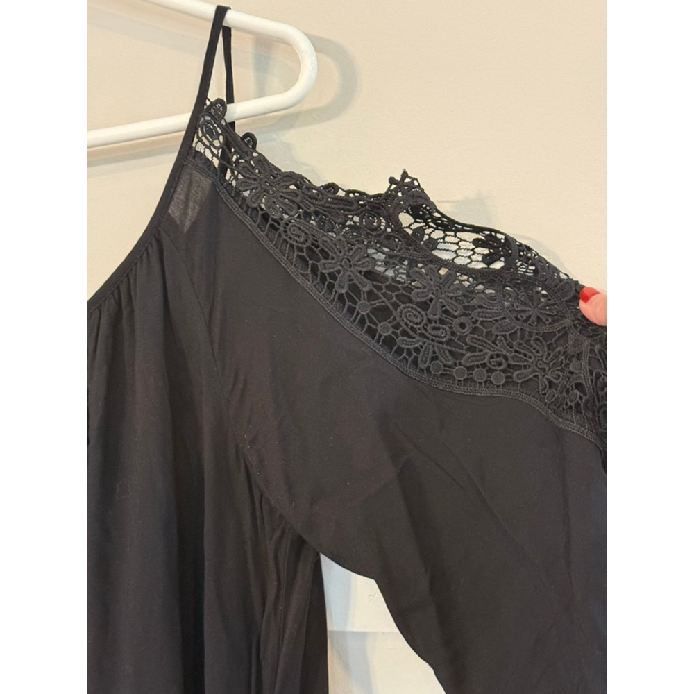 Black Lace Trim Dress Large Asymmetrical One Shoulder Flowy - Picture 6 of 7